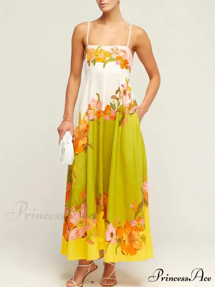 Sophisticated Modern And Unique Graceful Print Strap Midi Dress Multicolor / S