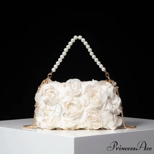 Sophisticated Rose Flower Imitation Pearl Metal Chain Clutch Purse Beige clutchbag-250126