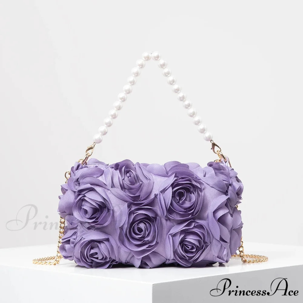 Sophisticated Rose Flower Imitation Pearl Metal Chain Clutch Purse Lavender clutchbag-250126