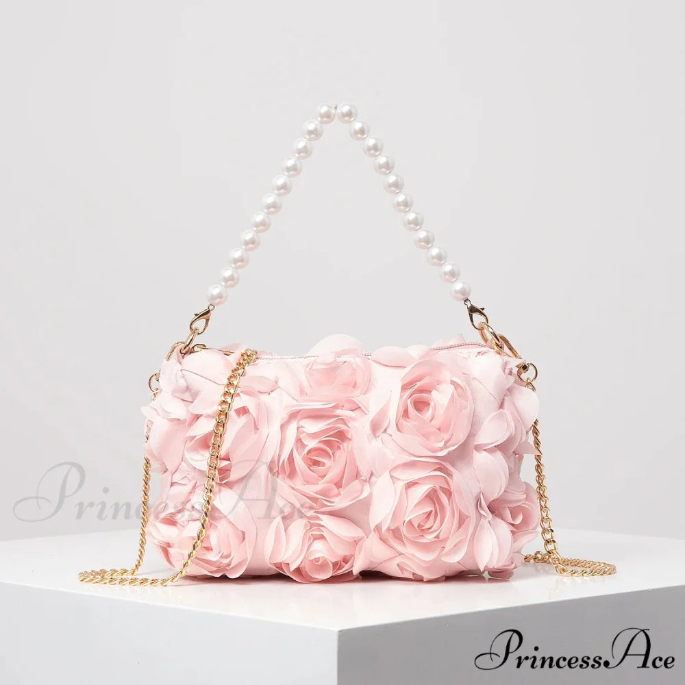 Sophisticated Rose Flower Imitation Pearl Metal Chain Clutch Purse Pink clutchbag-250126