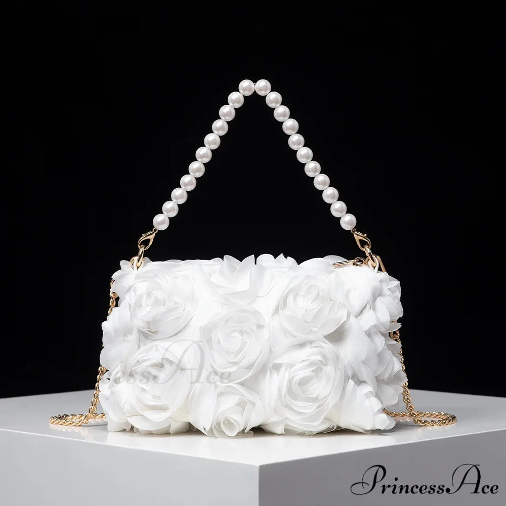 Sophisticated Rose Flower Imitation Pearl Metal Chain Clutch Purse WHITE clutchbag-250126