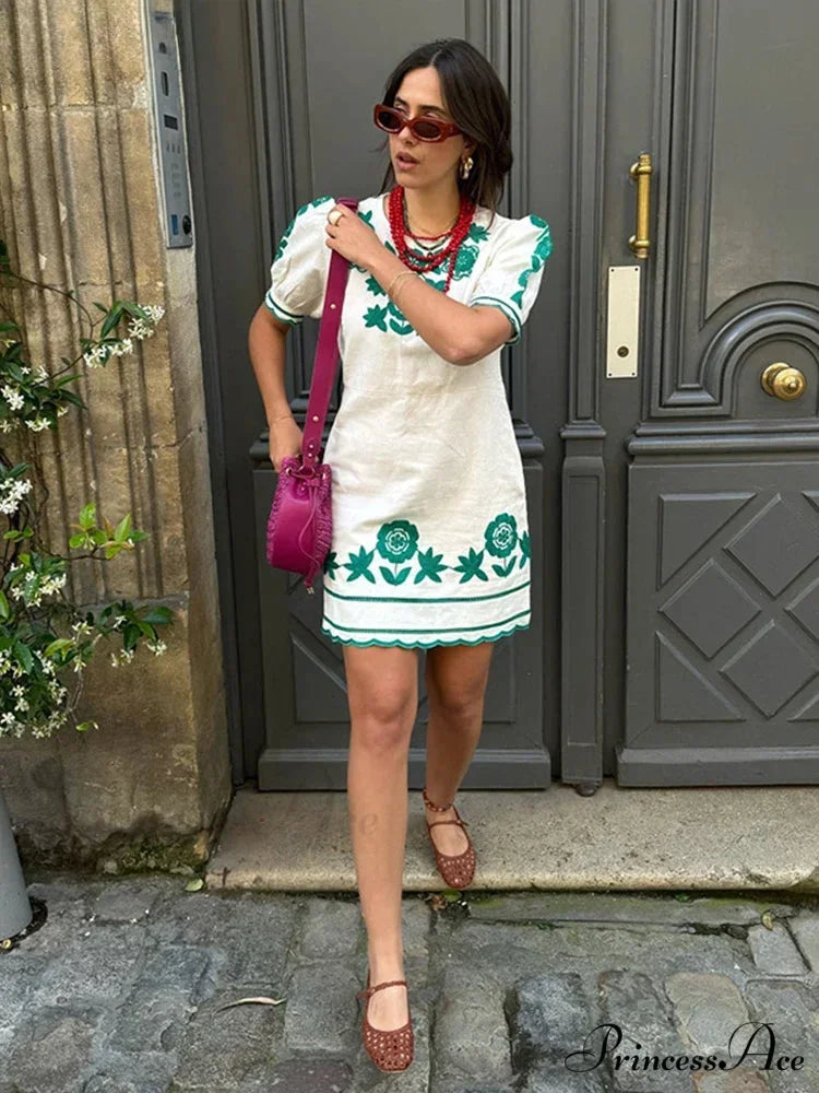 Sophisticated Stitched Ripple Border Floral Dress white / S oldfloraldress-250126