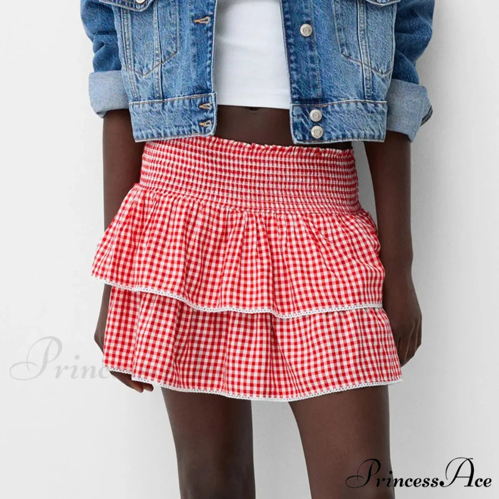 Sophisticated Tiered Checkered Summer Skirt Red / S skirts-250223
