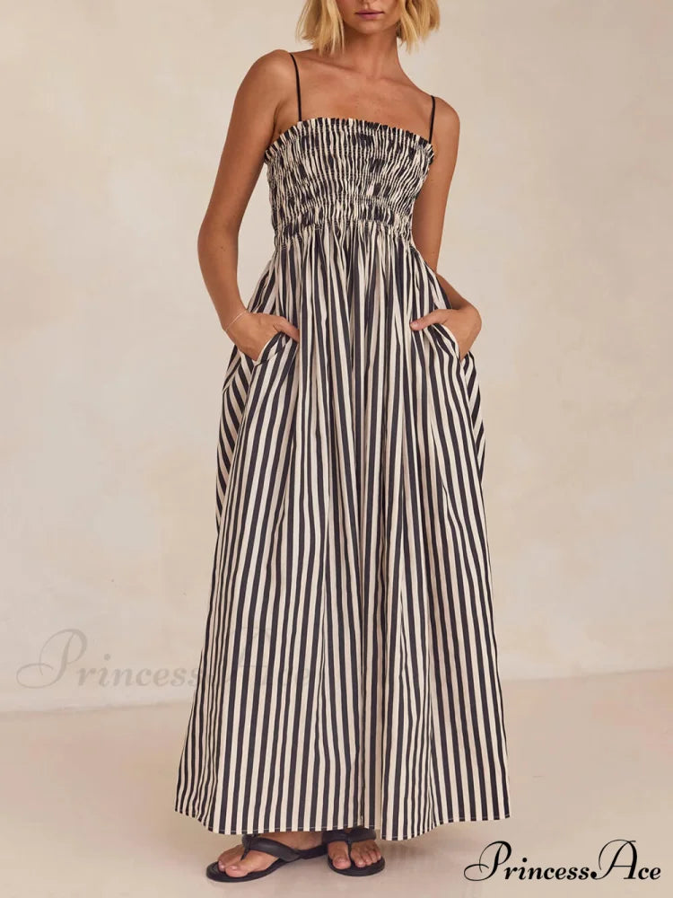 Sophistication Unique Stripe Charming Pleated Maxi Dress Black / S