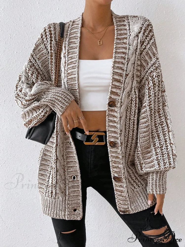 Space Dye Drop Shoulder Cable Knit Lantern Sleeve Cardigan