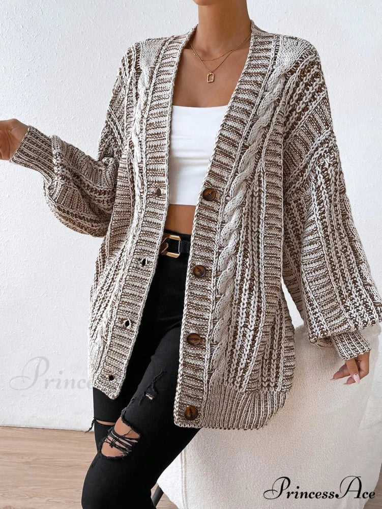 Space Dye Drop Shoulder Cable Knit Lantern Sleeve Cardigan