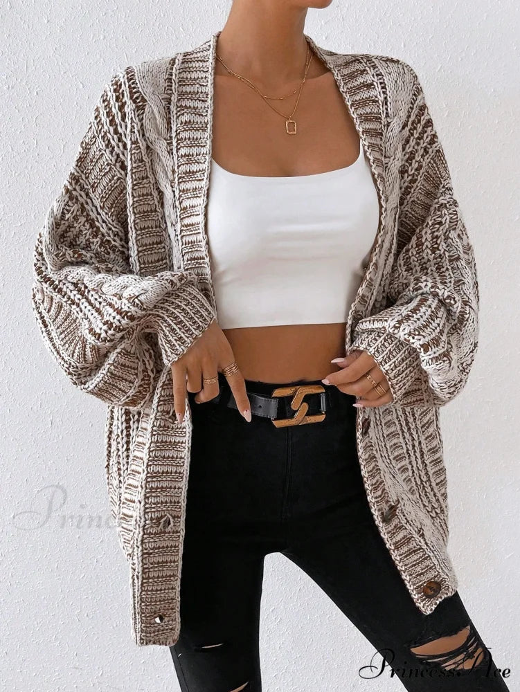 Space Dye Drop Shoulder Cable Knit Lantern Sleeve Cardigan