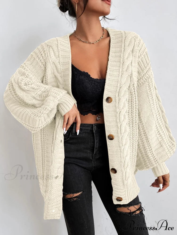 Space Dye Drop Shoulder Cable Knit Lantern Sleeve Cardigan Beige / XS