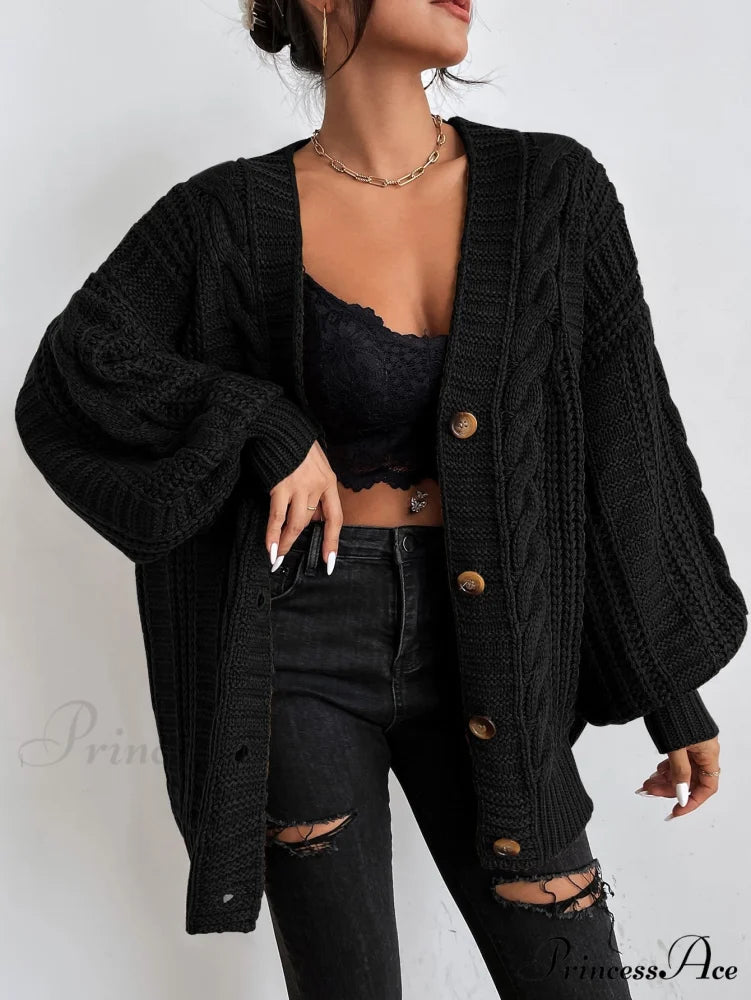 Space Dye Drop Shoulder Cable Knit Lantern Sleeve Cardigan Black / XS