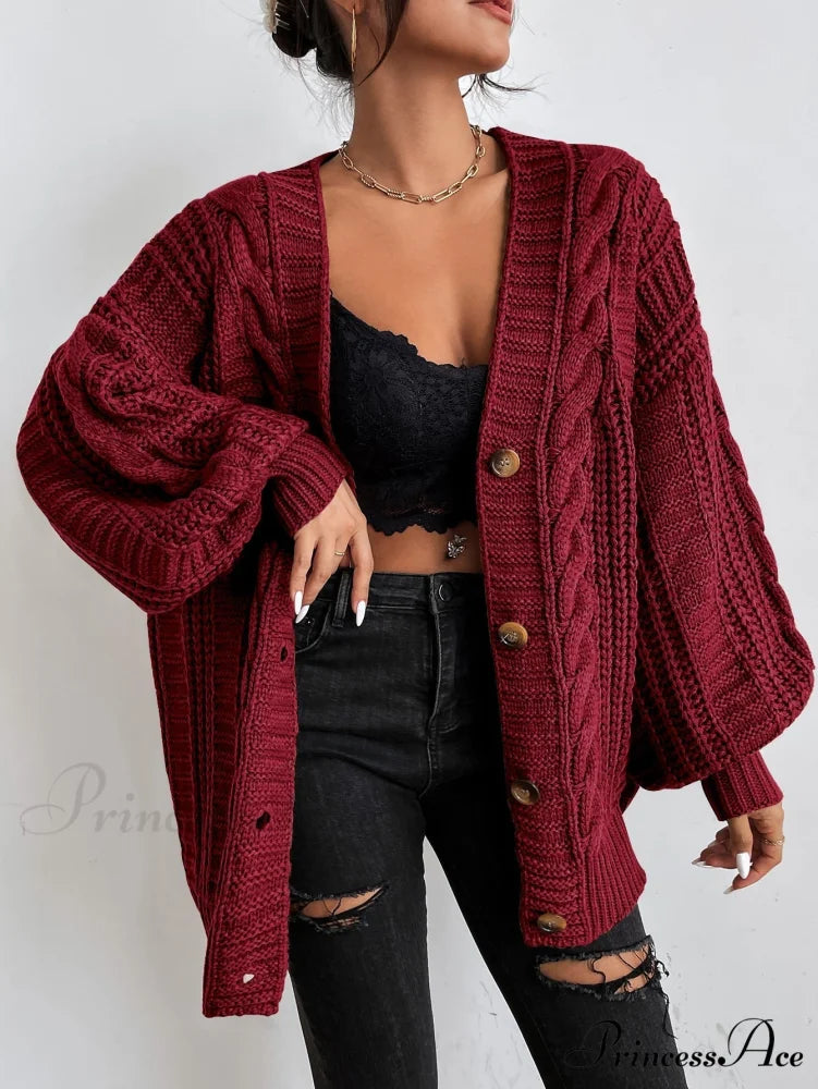 Space Dye Drop Shoulder Cable Knit Lantern Sleeve Cardigan Burgundy / XS
