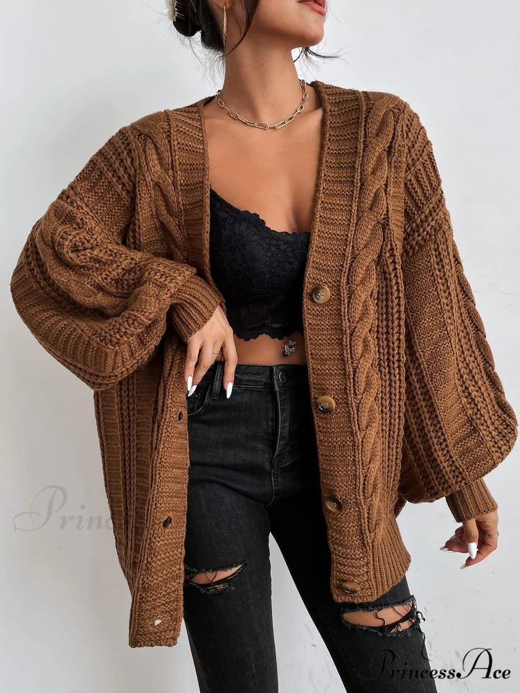 Space Dye Drop Shoulder Cable Knit Lantern Sleeve Cardigan Coffee Brown / XS