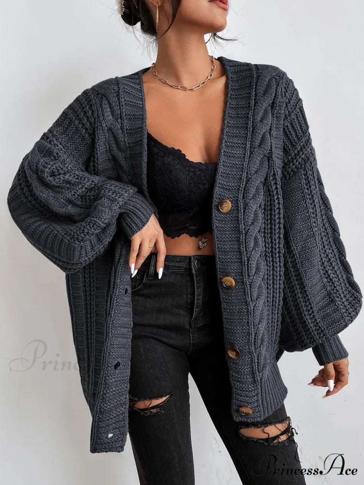 Space Dye Drop Shoulder Cable Knit Lantern Sleeve Cardigan Dark Grey / XS