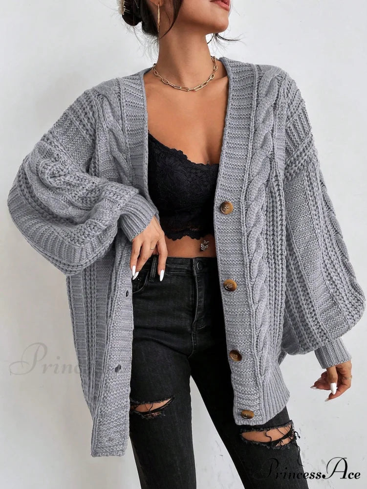 Space Dye Drop Shoulder Cable Knit Lantern Sleeve Cardigan Grey / XS
