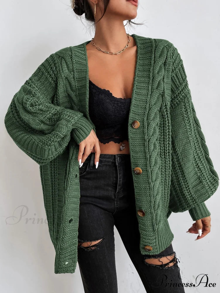 Space Dye Drop Shoulder Cable Knit Lantern Sleeve Cardigan Olive Green / XS