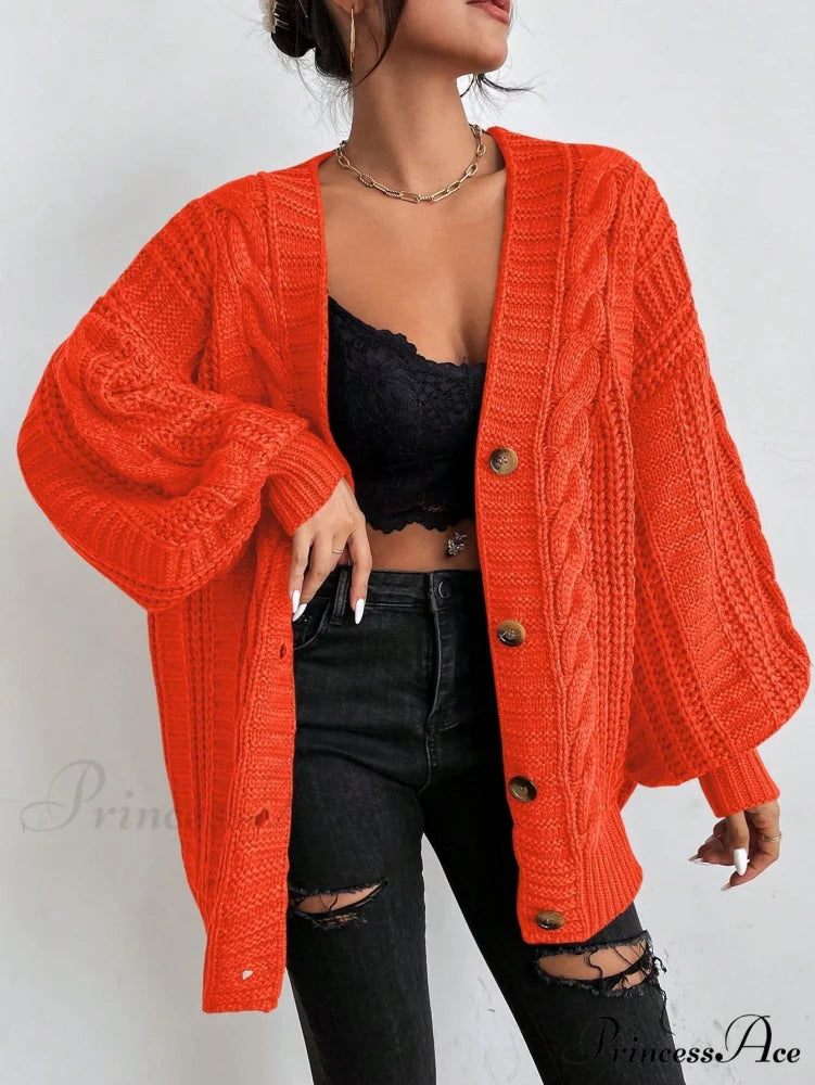 Space Dye Drop Shoulder Cable Knit Lantern Sleeve Cardigan Orange / XS