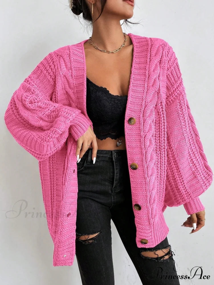 Space Dye Drop Shoulder Cable Knit Lantern Sleeve Cardigan Watermelon Pink / XS