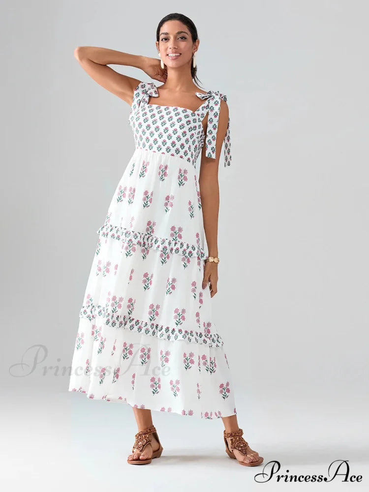 Spacious Bands Flowy Flowered Bohemian Seaside Frill Trim Square Neck A-Line Dress floraldress-250126