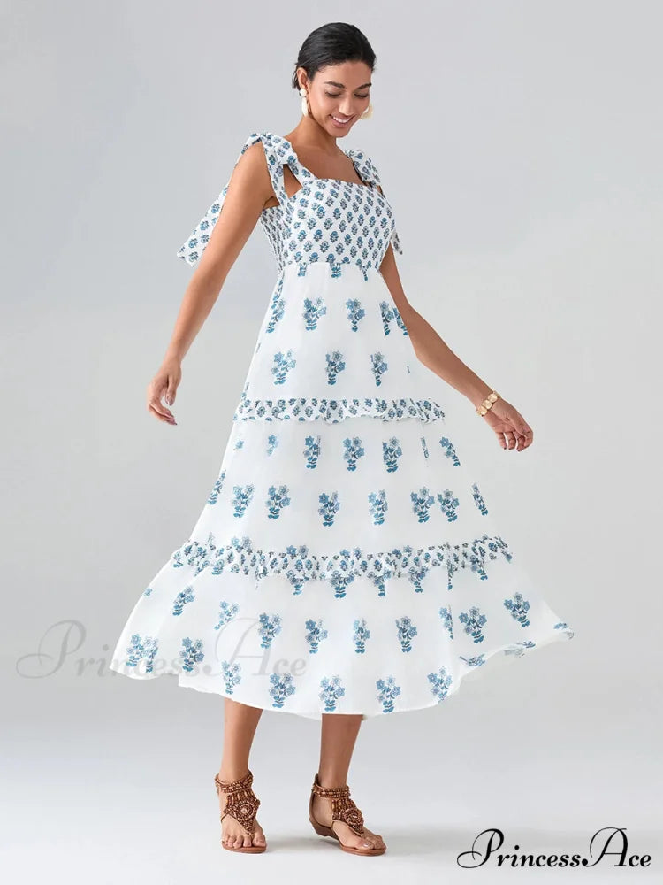 Spacious Bands Flowy Flowered Bohemian Seaside Frill Trim Square Neck A-Line Dress floraldress-250126