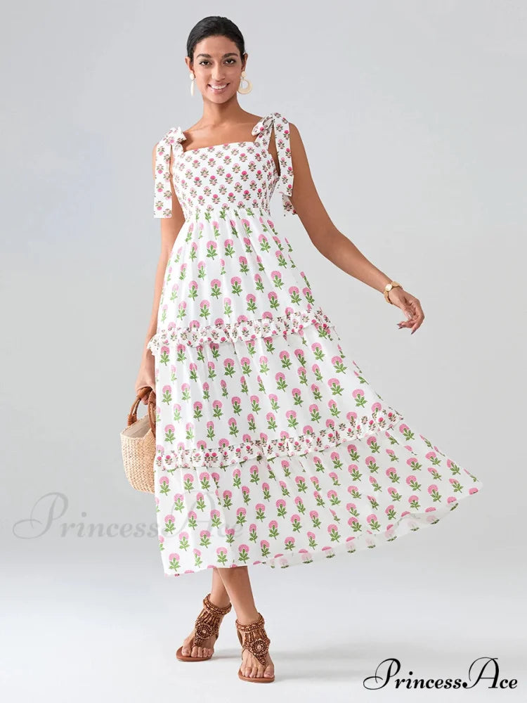 Spacious Bands Flowy Flowered Bohemian Seaside Frill Trim Square Neck A-Line Dress MULTI / S floraldress-250126