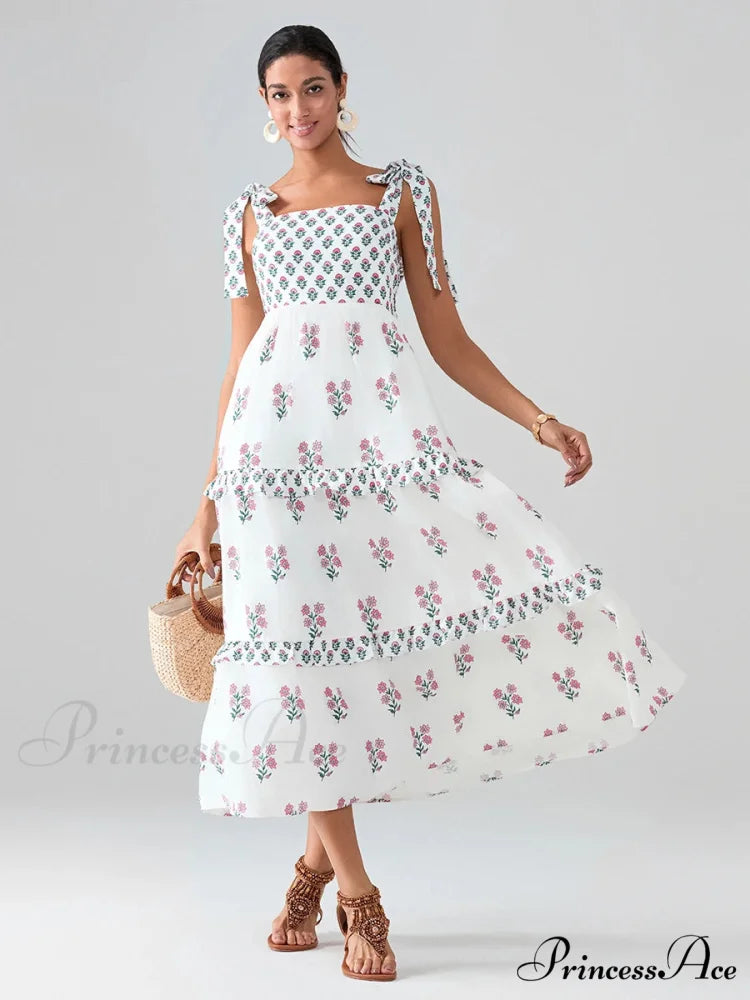 Spacious Bands Flowy Flowered Bohemian Seaside Frill Trim Square Neck A-Line Dress Pink / S floraldress-250126