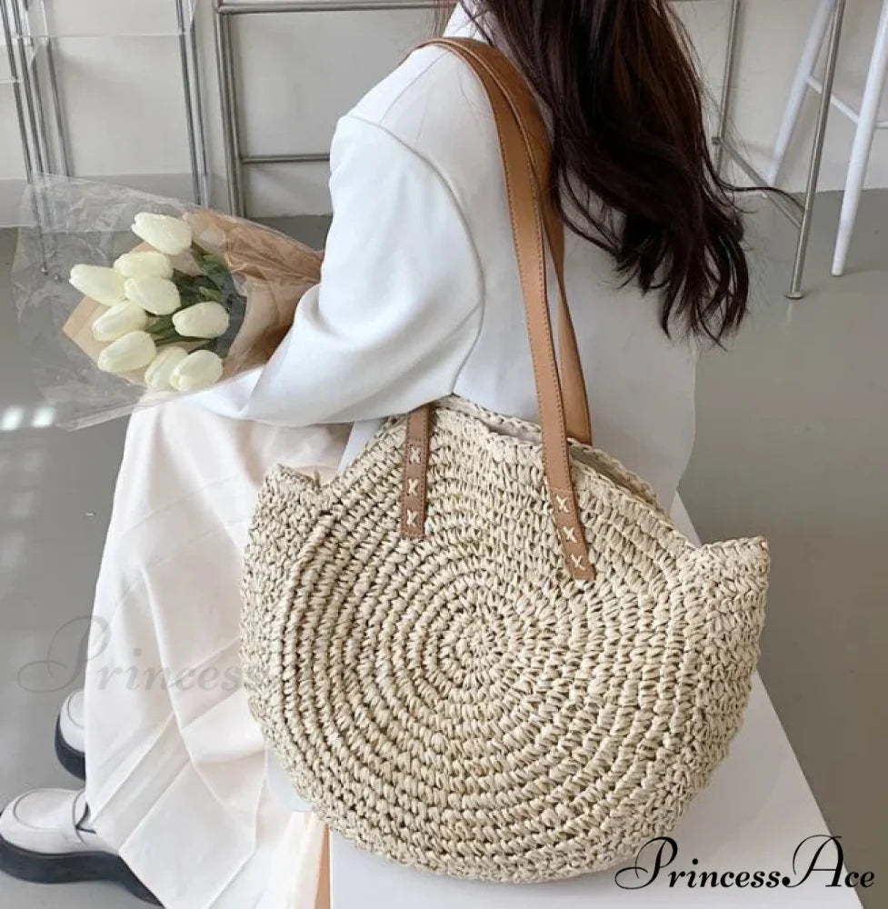 Spacious Capacity Fringe Straw Shoulder Bag Beige3 shoulder-250126