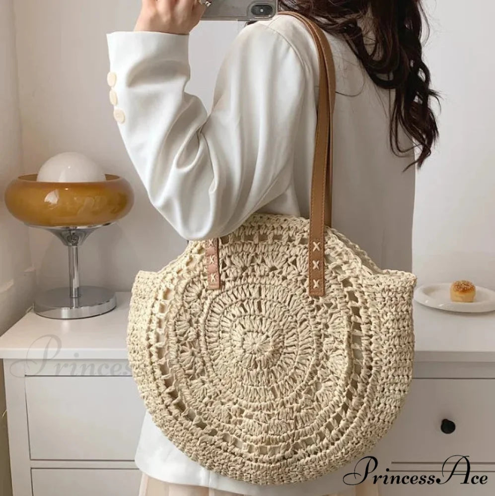 Spacious Capacity Fringe Straw Shoulder Bag HollowBeige2 shoulder-250126