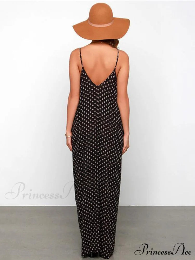 Spaghetti-Neck Full-Length Polka-Dot Dress
