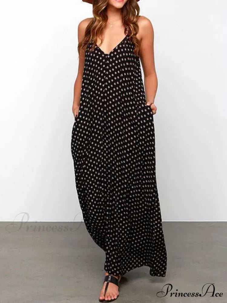 Spaghetti-Neck Full-Length Polka-Dot Dress