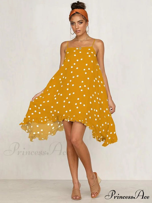 Spaghetti-Neck Gown Dot Bohemia Chiffon Mini in Warm-Season Style S / YELLOW