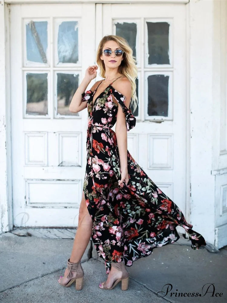 Spaghetti-Neck V-Neck Maxi Dress with Print L / Black