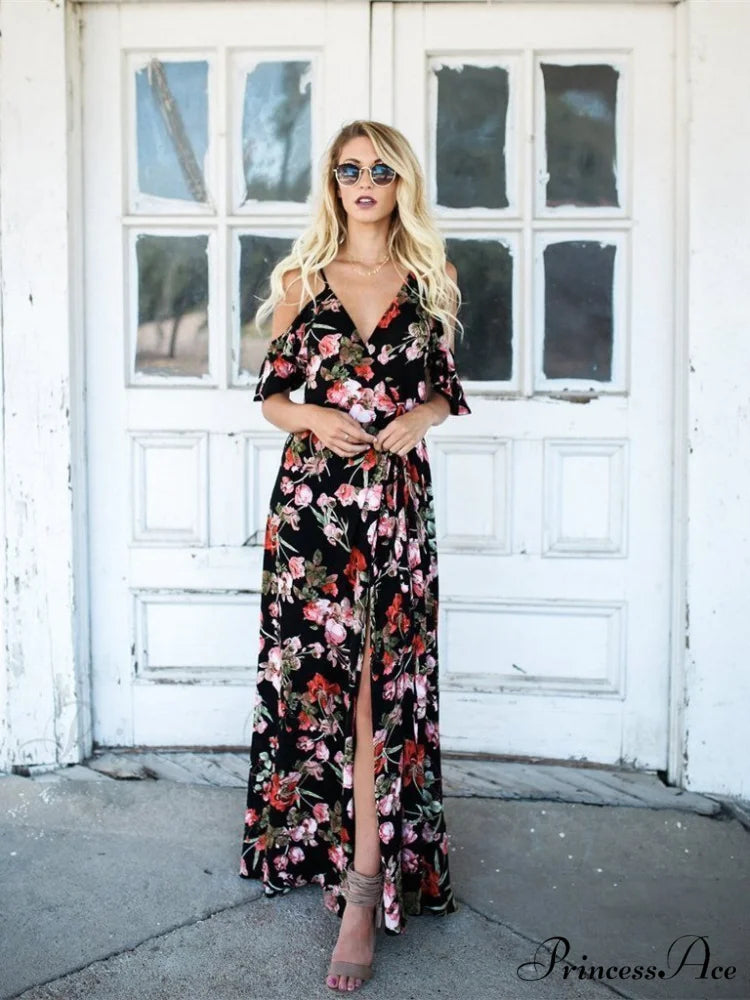 Spaghetti-Neck V-Neck Maxi Dress with Print M / Black