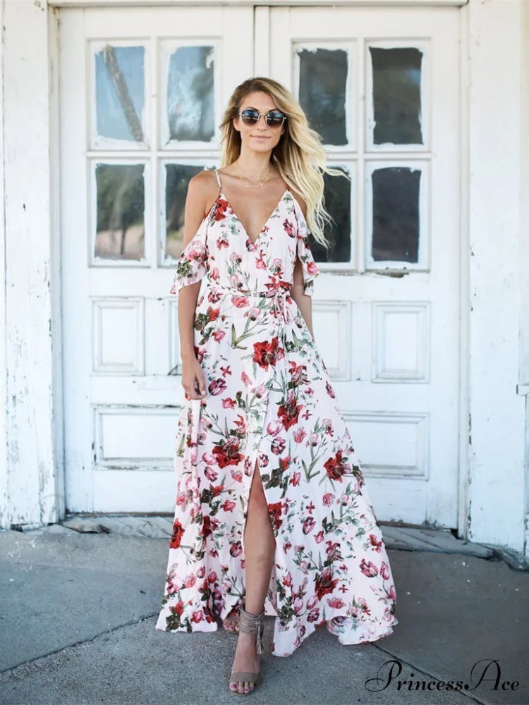Spaghetti-Neck V-Neck Maxi Dress with Print S / Black
