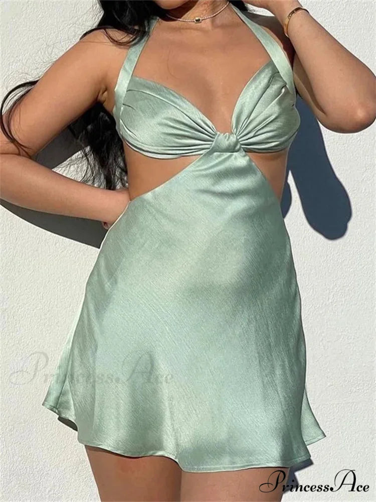 Spaghetti Strap Backless Satin Halter Hollow Out Mini Dress GREEN / S