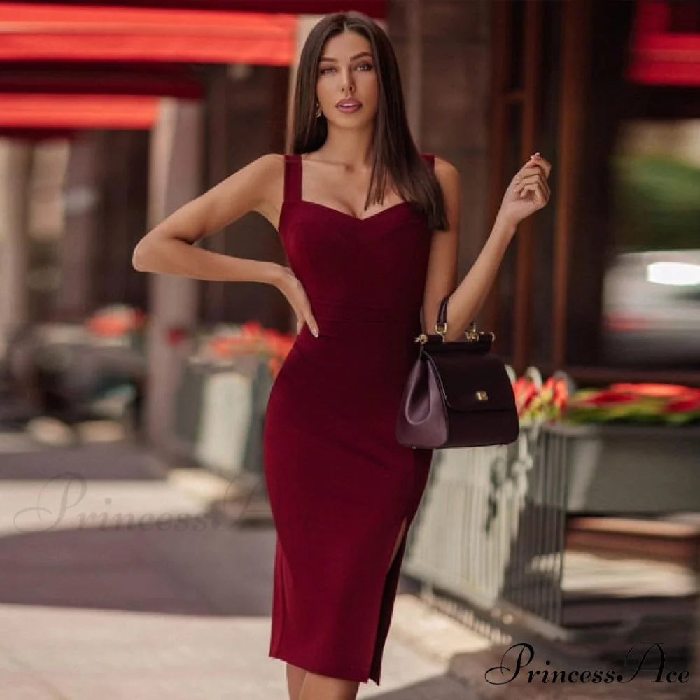 Spaghetti Strap Bodycon Bandage Dress Wine Red / XS