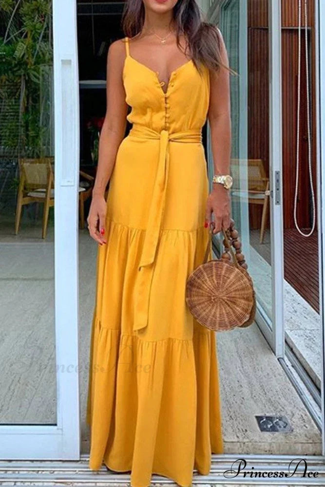 Spaghetti Strap Button Bandage Maxi Dress M / White