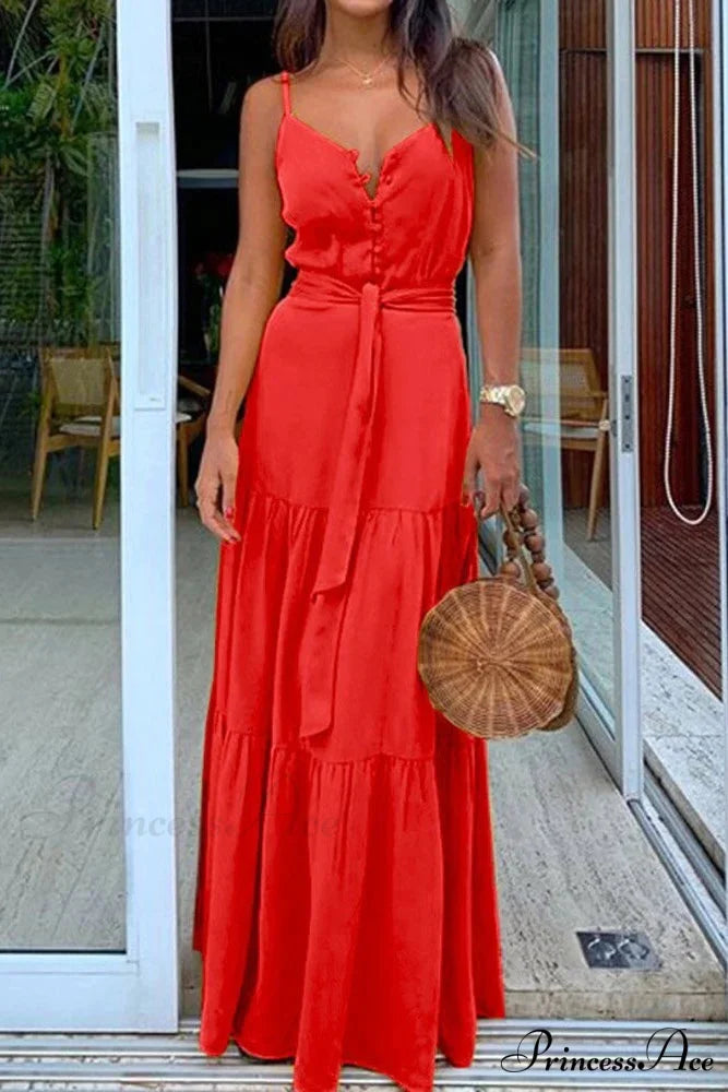 Spaghetti Strap Button Bandage Maxi Dress S / Green