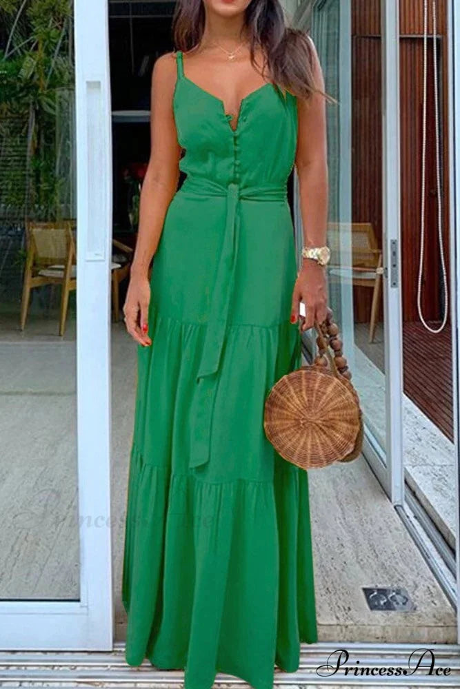 Spaghetti Strap Button Bandage Maxi Dress S / Red