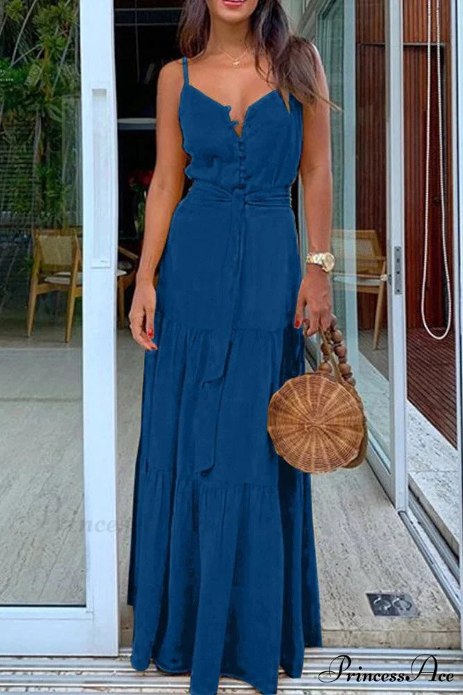 Spaghetti Strap Button Bandage Maxi Dress S / Yellow