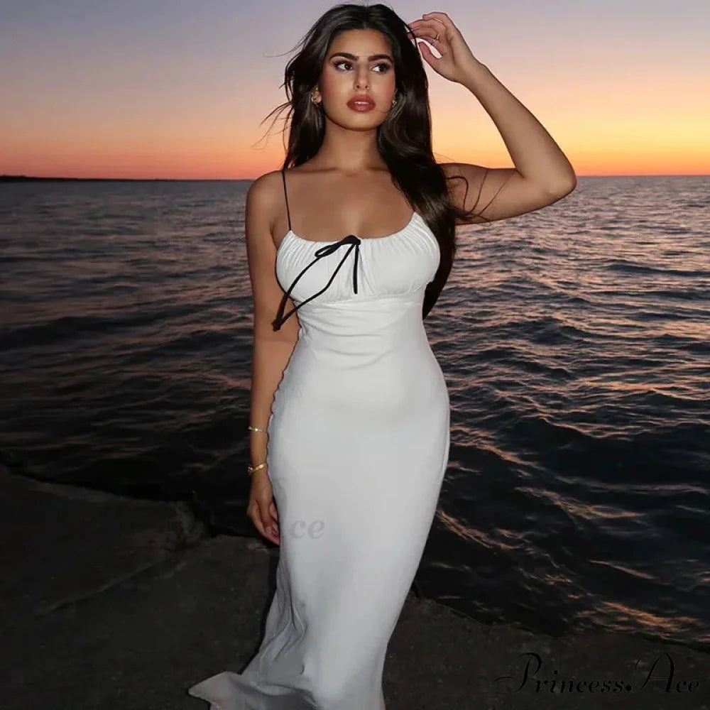 Spaghetti Strap Detail Long Sleeveless Club Party Midi Dress WHITE / S