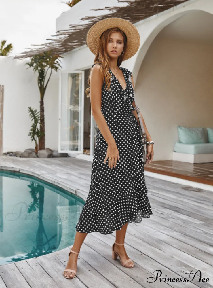 Spaghetti Strap Dress - Medium Long Dot Pattern L / BLACK