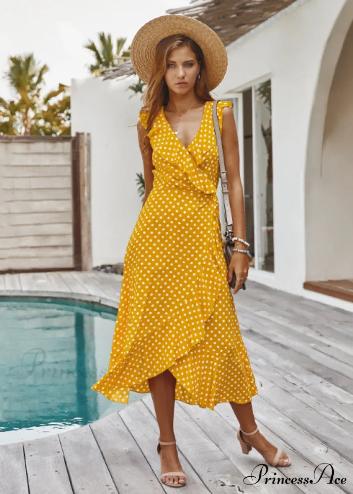 Spaghetti Strap Dress - Medium Long Dot Pattern S / BLACK