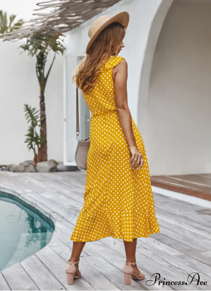 Spaghetti Strap Dress - Medium Long Dot Pattern S / BLUE