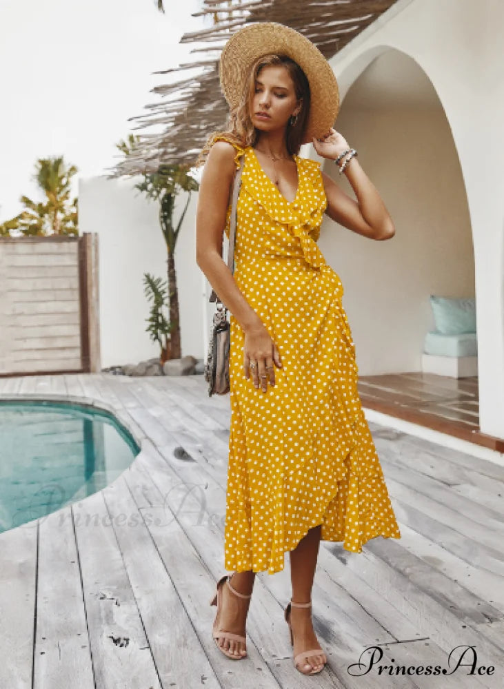 Spaghetti Strap Dress - Medium Long Dot Pattern S / RED