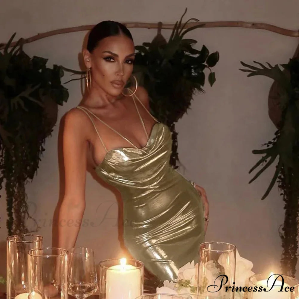 Spaghetti Strap Gold Midi Fashion Wrap Chest Slim Backless 2024 Summer Party Club Bodycon Dress