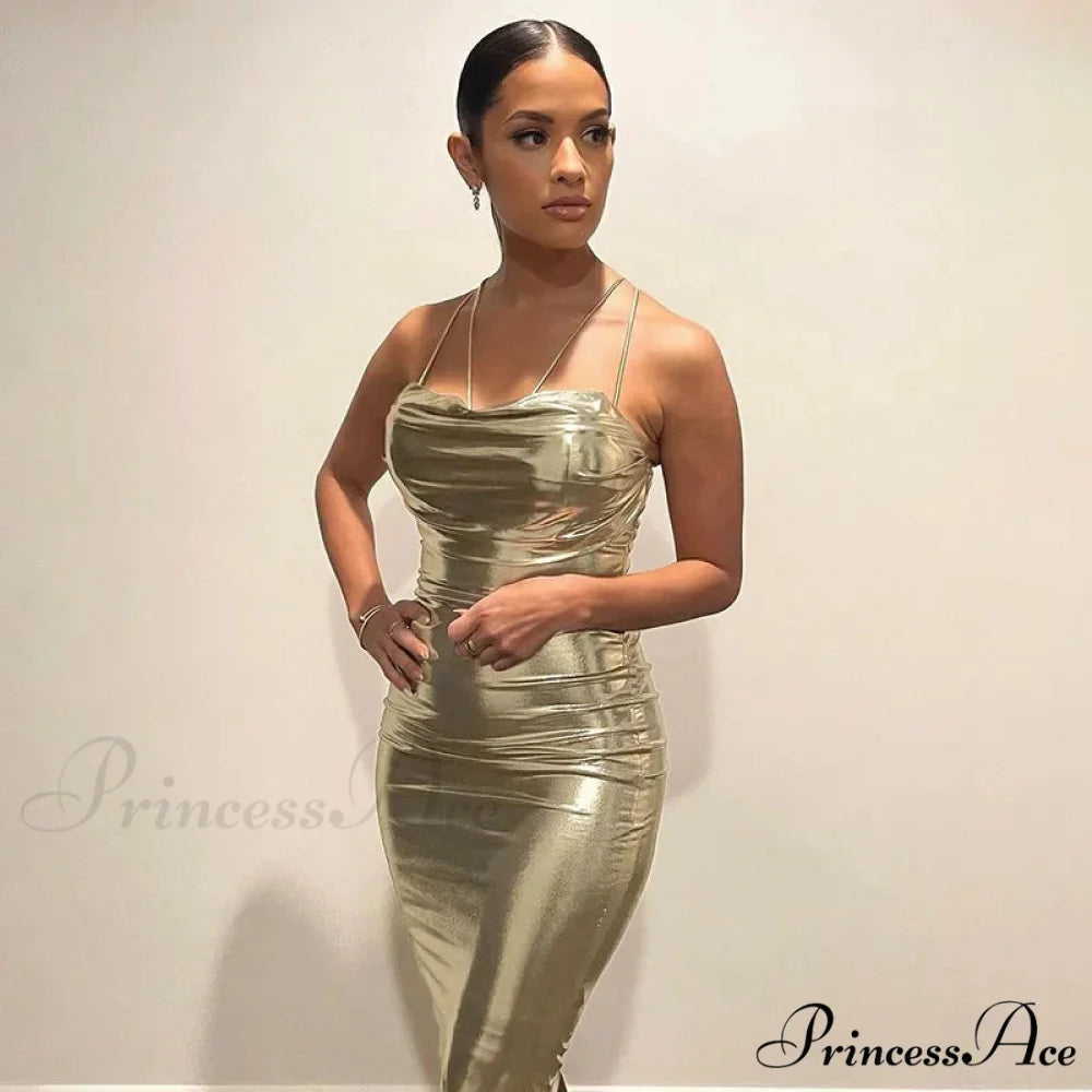 Spaghetti Strap Gold Midi Fashion Wrap Chest Slim Backless 2024 Summer Party Club Bodycon Dress