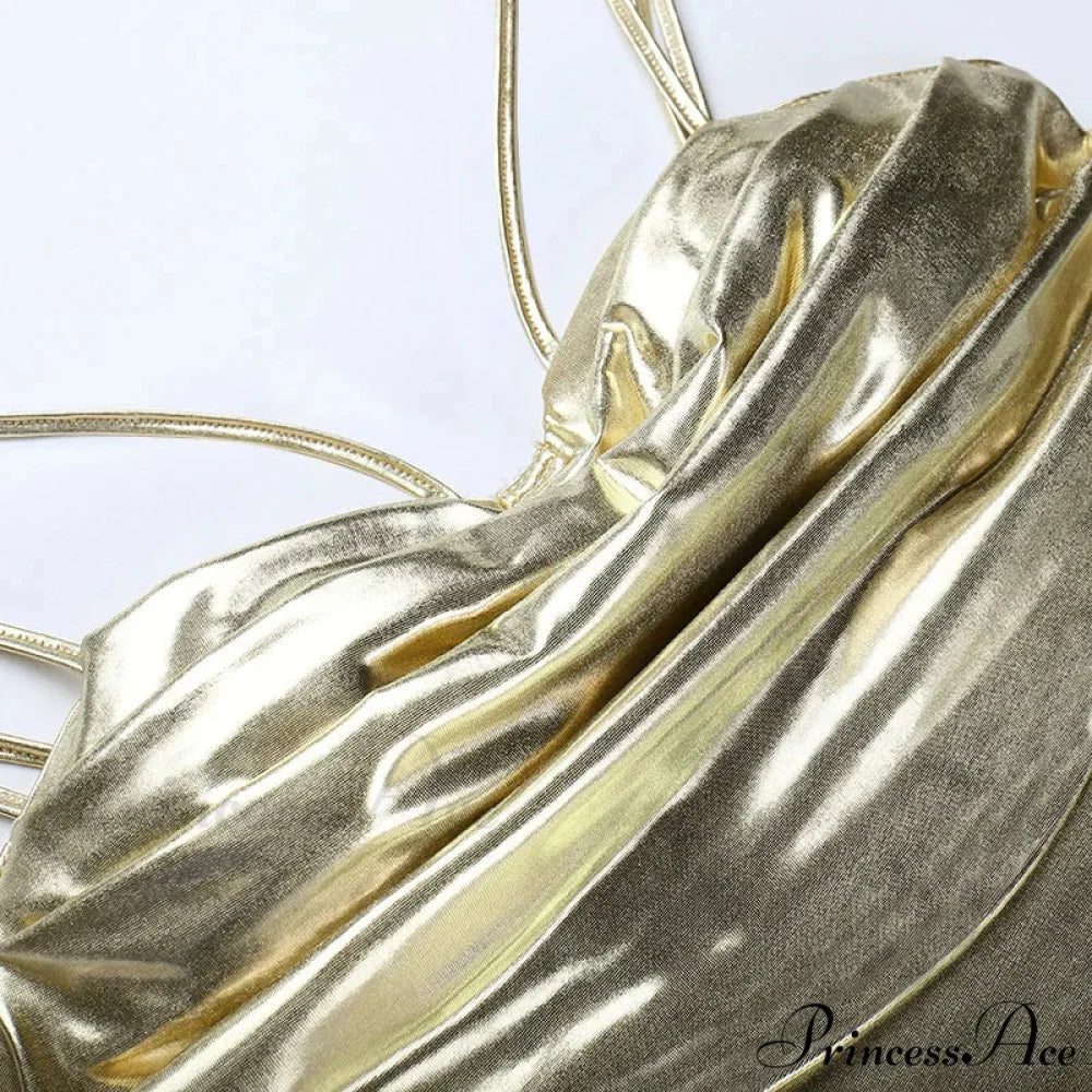 Spaghetti Strap Gold Midi Fashion Wrap Chest Slim Backless 2024 Summer Party Club Bodycon Dress