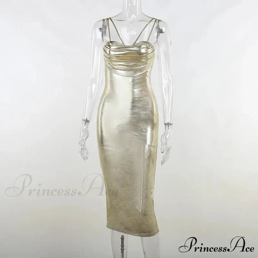 Spaghetti Strap Gold Midi Fashion Wrap Chest Slim Backless 2024 Summer Party Club Bodycon Dress Gold / S