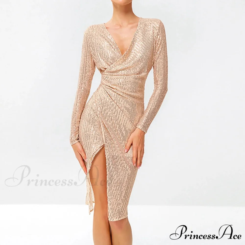 Spaghetti Strap Sequin V Neck Sleeveless Tassels Glitter Mini Elegant Wedding Cocktail Party Dress Rose Gold / S