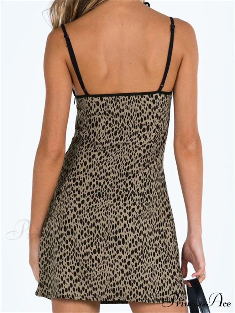 Spaghetti Strap Sleeveless Summer Leopard Print Party Mini Dress