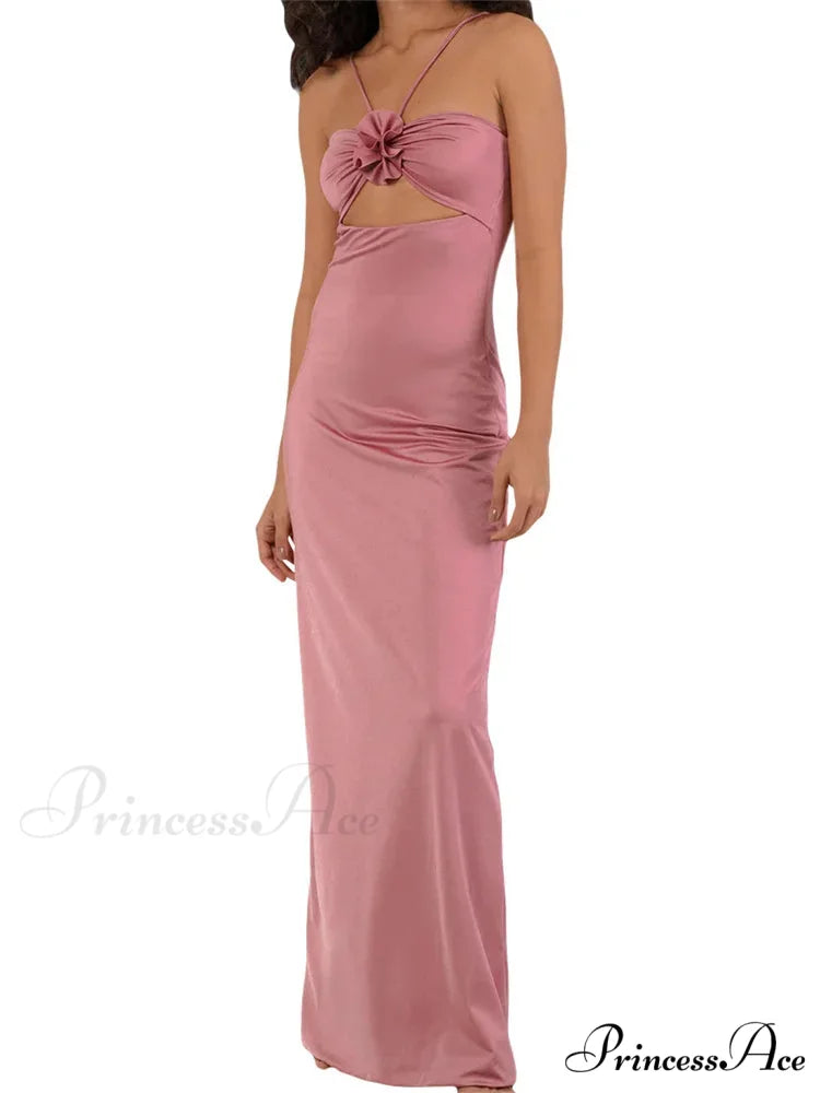 Spaghetti Strap Sling for Women 3D Flower Hollow Out Summer Party Cocktail Female Vestidos Clubwear Pink / S